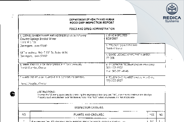 EIR - Country Spring Bottled Water Inc [Davenport / United States of America] - Download PDF - Redica Systems