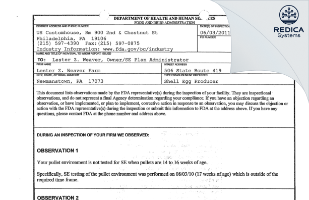 FDA 483 - Lester Z. Weaver Farm [Newmanstown / United States of America] - Download PDF - Redica Systems