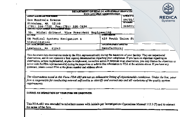 FDA 483 - Ge Oec Medical Systems [Lawrence / United States of America] - Download PDF - Redica Systems