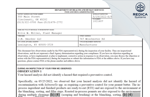 FDA 483 - J.M. Smucker LLC [Lexington / United States of America] - Download PDF - Redica Systems