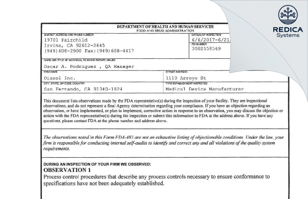 FDA 483 - Diasol Inc. [San Fernando / United States of America] - Download PDF - Redica Systems
