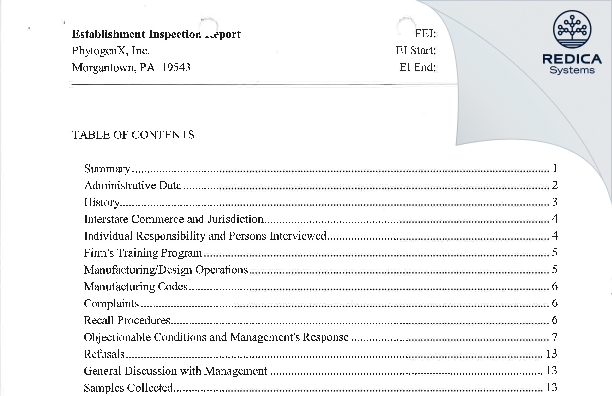 EIR - PhytogenX, Inc. [Morgantown Pennsylvania / United States of America] - Download PDF - Redica Systems