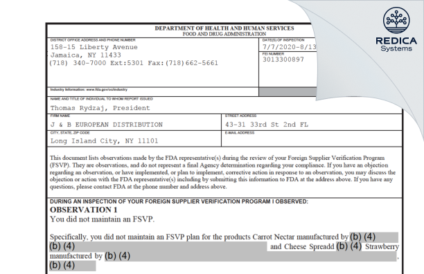 FDA 483 - J & B EUROPEAN DISTRIBUTION [City / United States of America] - Download PDF - Redica Systems