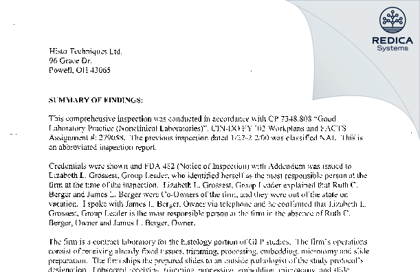 EIR - Histo Techniques Ltd [Powell / United States of America] - Download PDF - Redica Systems