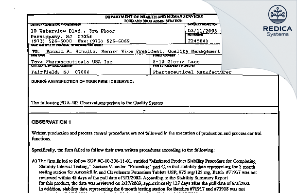 FDA 483 - Teva Pharmaceuticals USA, Inc. [Fairfield / United States of America] - Download PDF - Redica Systems