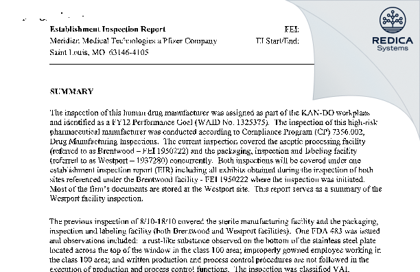 EIR - Meridian Medical Technologies Inc., A Pfizer Company [Saint Louis / United States of America] - Download PDF - Redica Systems