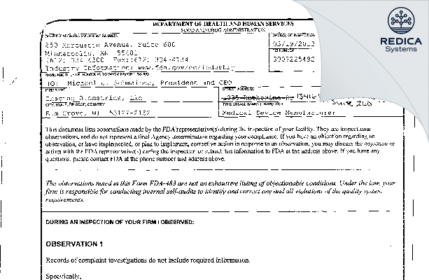 FDA 483 - Imaging Biometrics LLC [Elm Grove / United States of America] - Download PDF - Redica Systems