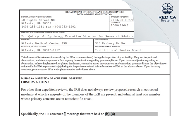 FDA 483 - Wellstar Atlanta Medical Center IRB#1 [Atlanta / United States of America] - Download PDF - Redica Systems