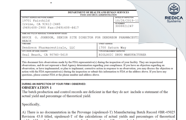 FDA 483 - Dendreon Pharmaceuticals LLC [Seal Beach California / United States of America] - Download PDF - Redica Systems