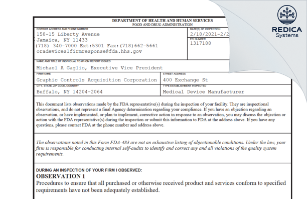 FDA 483 - Graphic Controls Acquisition Corporation [Buffalo / United States of America] - Download PDF - Redica Systems