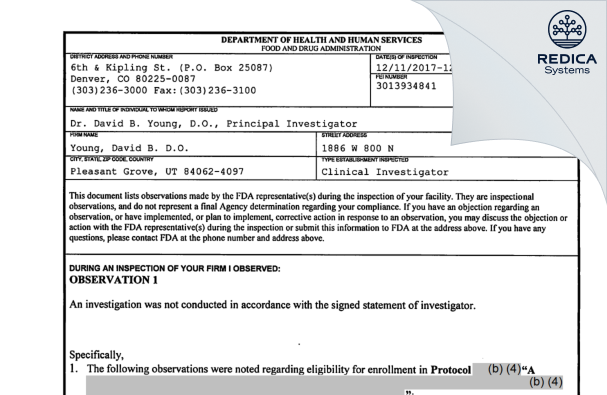 FDA 483 - David Young, D.O. [Pleasant Grove / United States of America] - Download PDF - Redica Systems