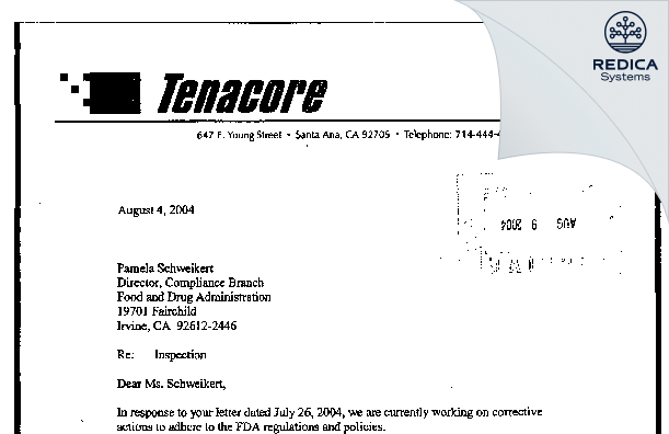 FDA 483 Response - Tenacore Holdings, Inc [Santa Ana / United States of America] - Download PDF - Redica Systems