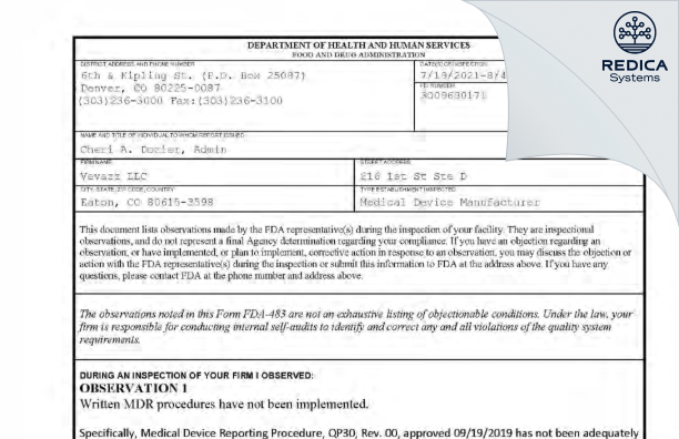 FDA 483 - Vevazz LLC [Eaton / United States of America] - Download PDF - Redica Systems