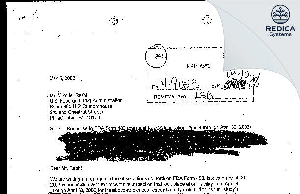 FDA 483 Response - Douglas B. Esberg, MD [Wynnewood / United States of America] - Download PDF - Redica Systems