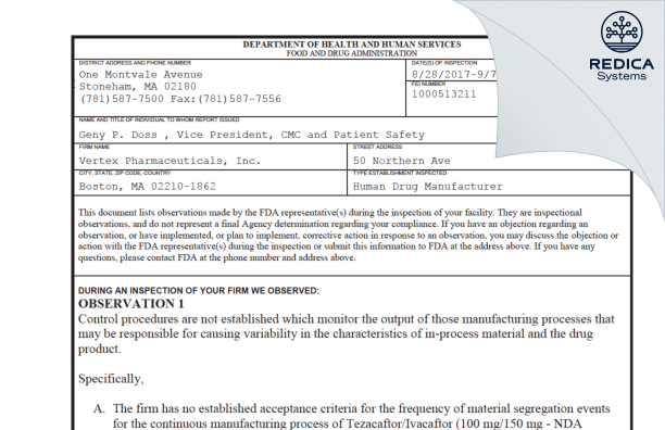 FDA 483 - Vertex Pharmaceuticals Incorporated [Boston / United States of America] - Download PDF - Redica Systems