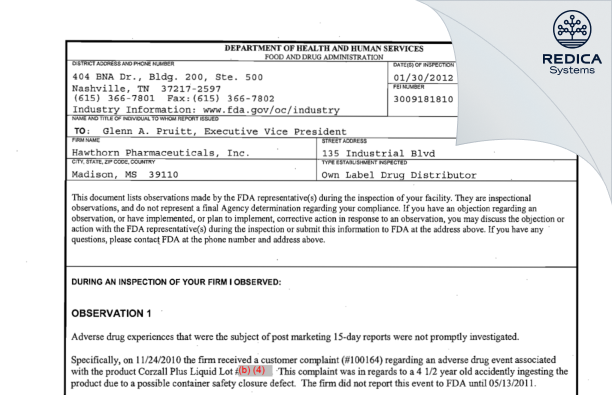 FDA 483 - Hawthorn Pharmaceuticals, Inc. [Madison / United States of America] - Download PDF - Redica Systems