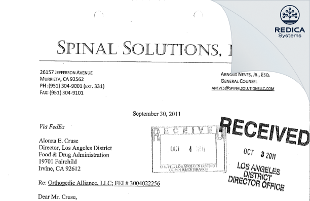 FDA 483 Response - Orthopedic Alliance LLC [Murrieta / United States of America] - Download PDF - Redica Systems