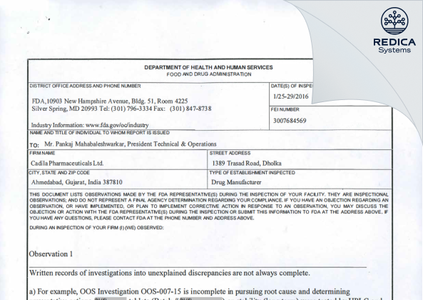 FDA 483 - Cadila Pharmaceuticals Limited [India / India] - Download PDF - Redica Systems