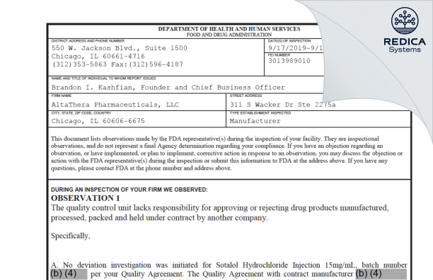FDA 483 - AltaThera Pharmaceuticals LLC [Chicago / United States of America] - Download PDF - Redica Systems