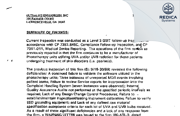 EIR - Ultralite Enterprises Inc [Dacula / United States of America] - Download PDF - Redica Systems