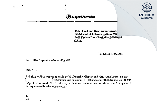 FDA 483 Response - Synthesia, a.s. [Pardubice / Czechia] - Download PDF - Redica Systems