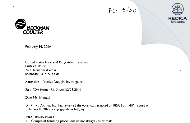FDA 483 Response - Beckman Coulter, Inc. [Chaska / United States of America] - Download PDF - Redica Systems