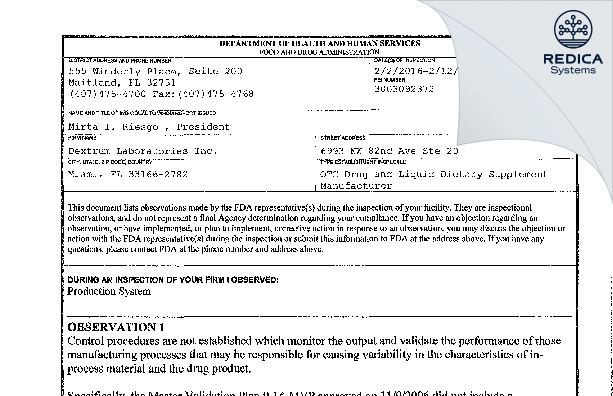 FDA 483 - Dextrum Laboratories Inc. [Miami Florida / United States of America] - Download PDF - Redica Systems