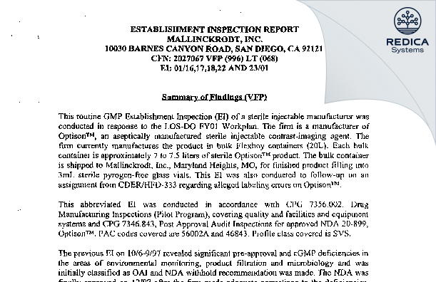 EIR - Mallinckrodt Inc [San Diego / United States of America] - Download PDF - Redica Systems