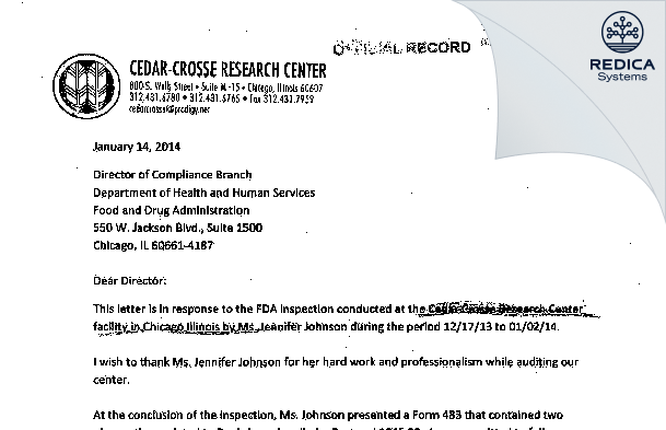 FDA 483 Response - Danny H. Sugimoto, M.D. [Chicago / United States of America] - Download PDF - Redica Systems