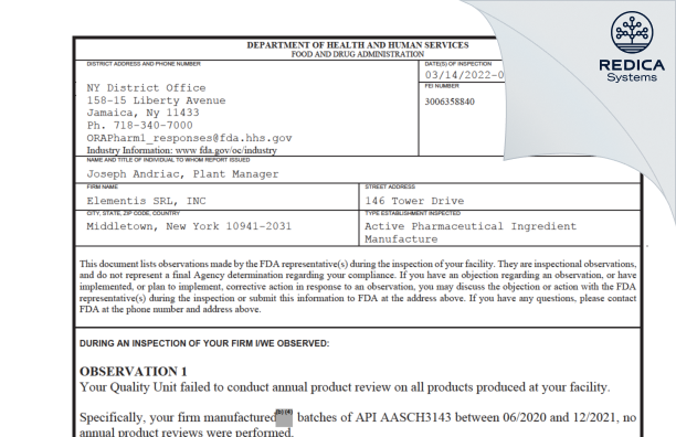 FDA 483 - Elementis SRL, Inc. [York / United States of America] - Download PDF - Redica Systems