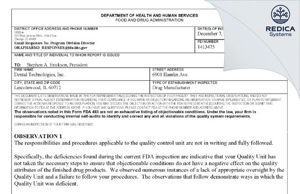 FDA 483 - DENTAL TECHNOLOGIES, INC. [Lincolnwood / United States of America] - Download PDF - Redica Systems