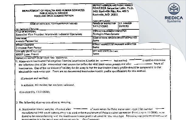 FDA 483 - Aventis Pasteur SA [F679280 Marcy L'etoile / France] - Download PDF - Redica Systems