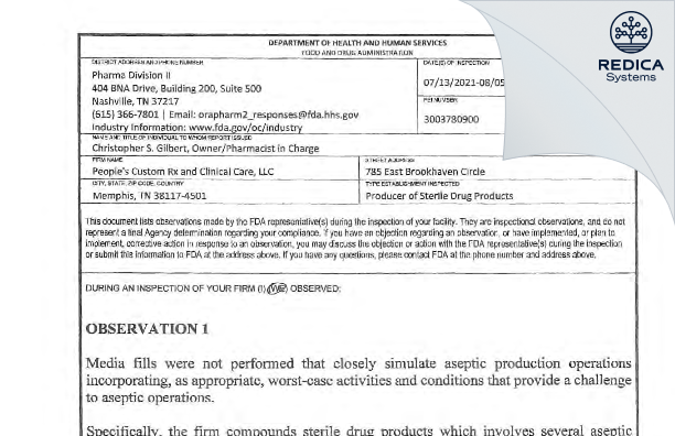 FDA 483 - People's Custom Rx and Clinical Care, LLC [Memphis / United States of America] - Download PDF - Redica Systems
