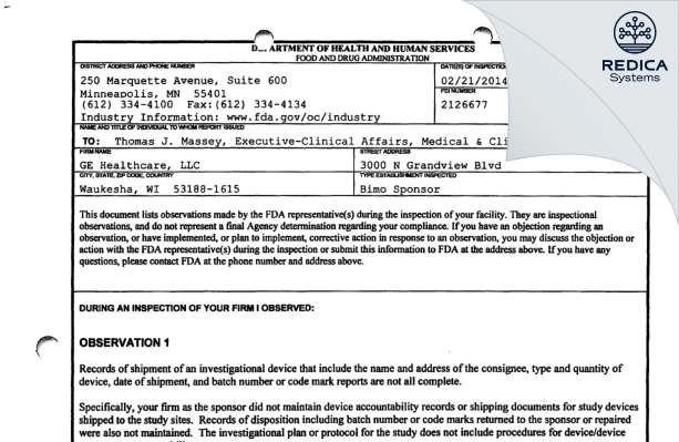 FDA 483 - GE Medical Systems, LLC [Waukesha / United States of America] - Download PDF - Redica Systems