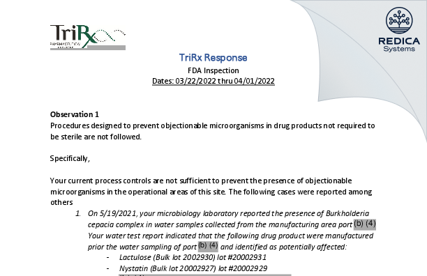 FDA 483 Response - TriRx Huntsville Pharmaceutical Services, LLC [Huntsville / United States of America] - Download PDF - Redica Systems