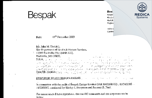 FDA 483 Response - Bespak Europe Ltd [King's Lynn / United Kingdom of Great Britain and Northern Ireland] - Download PDF - Redica Systems