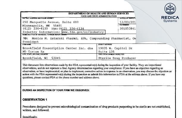 FDA 483 - Brookfield Prescription Center Inc. dba MD Custom Rx [Brookfield / United States of America] - Download PDF - Redica Systems