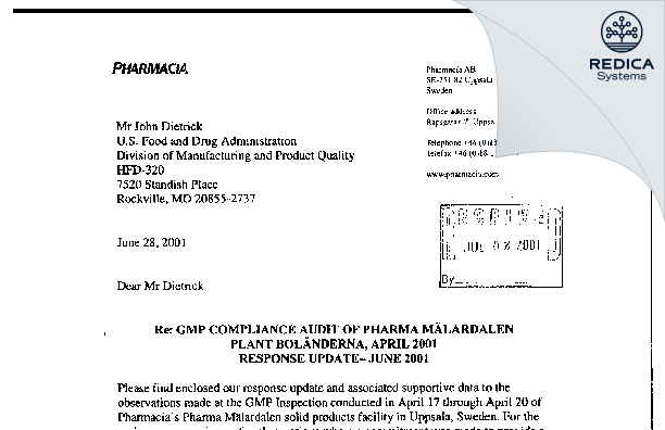 FDA 483 Response - Recipharm Uppsala AB [Uppsala / Sweden] - Download PDF - Redica Systems