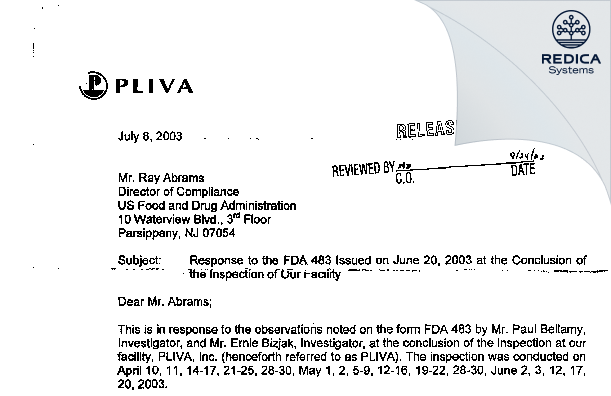 FDA 483 Response - Pliva, Inc. [East Hanover / United States of America] - Download PDF - Redica Systems