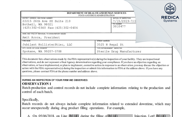 FDA 483 - Jubilant HollisterStier LLC [Spokane / United States of America] - Download PDF - Redica Systems