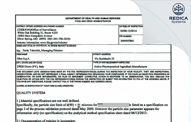 FDA 483 - Olon SpA [Italy / Italy] - Download PDF - Redica Systems