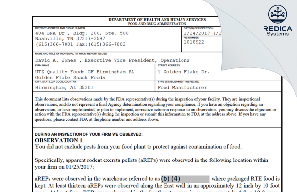FDA 483 - Golden Flake Snack Foods [Birmingham / United States of America] - Download PDF - Redica Systems