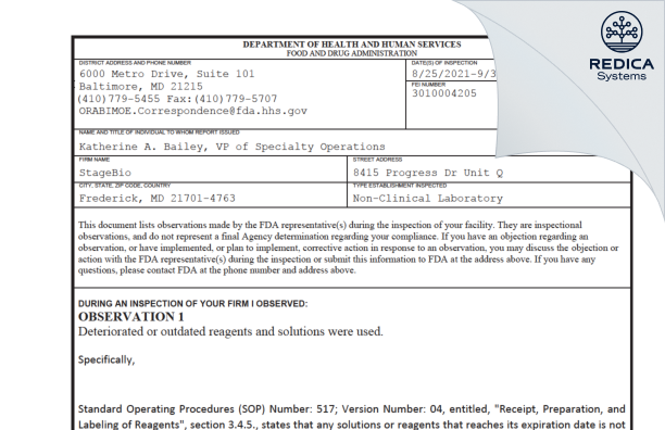 FDA 483 - StageBio [Frederick / United States of America] - Download PDF - Redica Systems