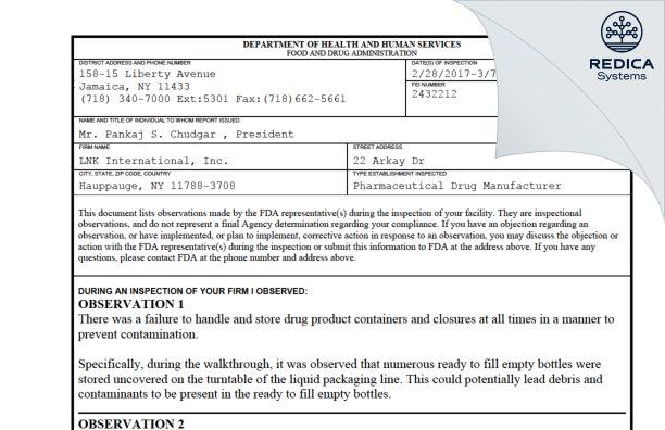 FDA 483 - LNK International, Inc. [Hauppauge New York / United States of America] - Download PDF - Redica Systems