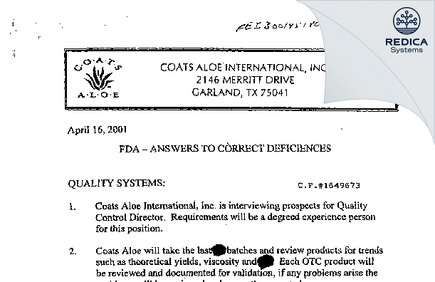 FDA 483 Response - Coats Aloe International, Inc. [Dallas / United States of America] - Download PDF - Redica Systems