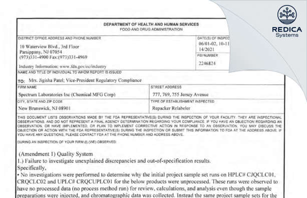 FDA 483 - SPECTRUM LABORATORY PRODUCTS INC. dba SPECTRUM CHEMICAL MFG. CORP. [Jersey / United States of America] - Download PDF - Redica Systems
