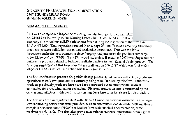 EIR - Vesta Pharmaceuticals, Inc. [Indianapolis / United States of America] - Download PDF - Redica Systems