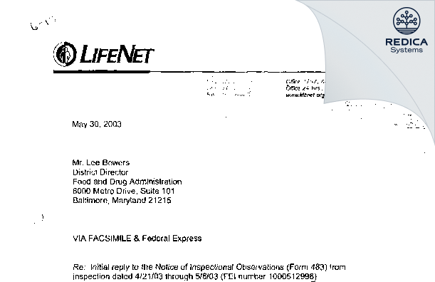 FDA 483 Response - LifeNet Health [Virginia Beach / United States of America] - Download PDF - Redica Systems