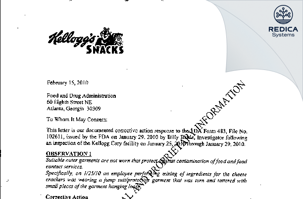FDA 483 Response - Kellogg Company d/b/a Kellogg's Snacks [Cary / United States of America] - Download PDF - Redica Systems
