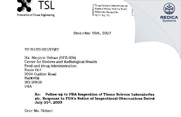 FDA 483 Response - Tissue Science Laboratories Limited [Leeds / United Kingdom of Great Britain and Northern Ireland] - Download PDF - Redica Systems